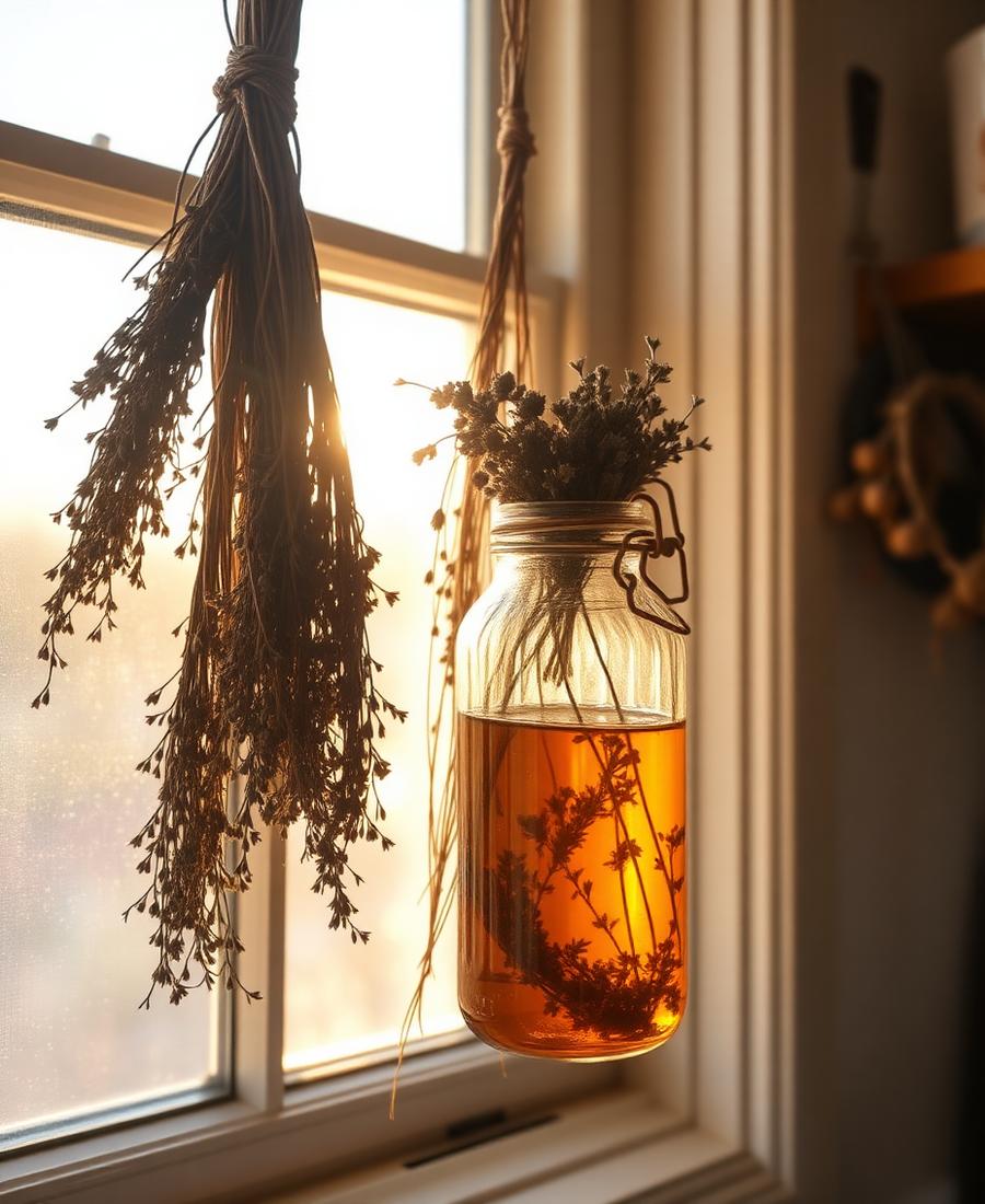 Dried herbs and a homemade tincture in a sunlit window